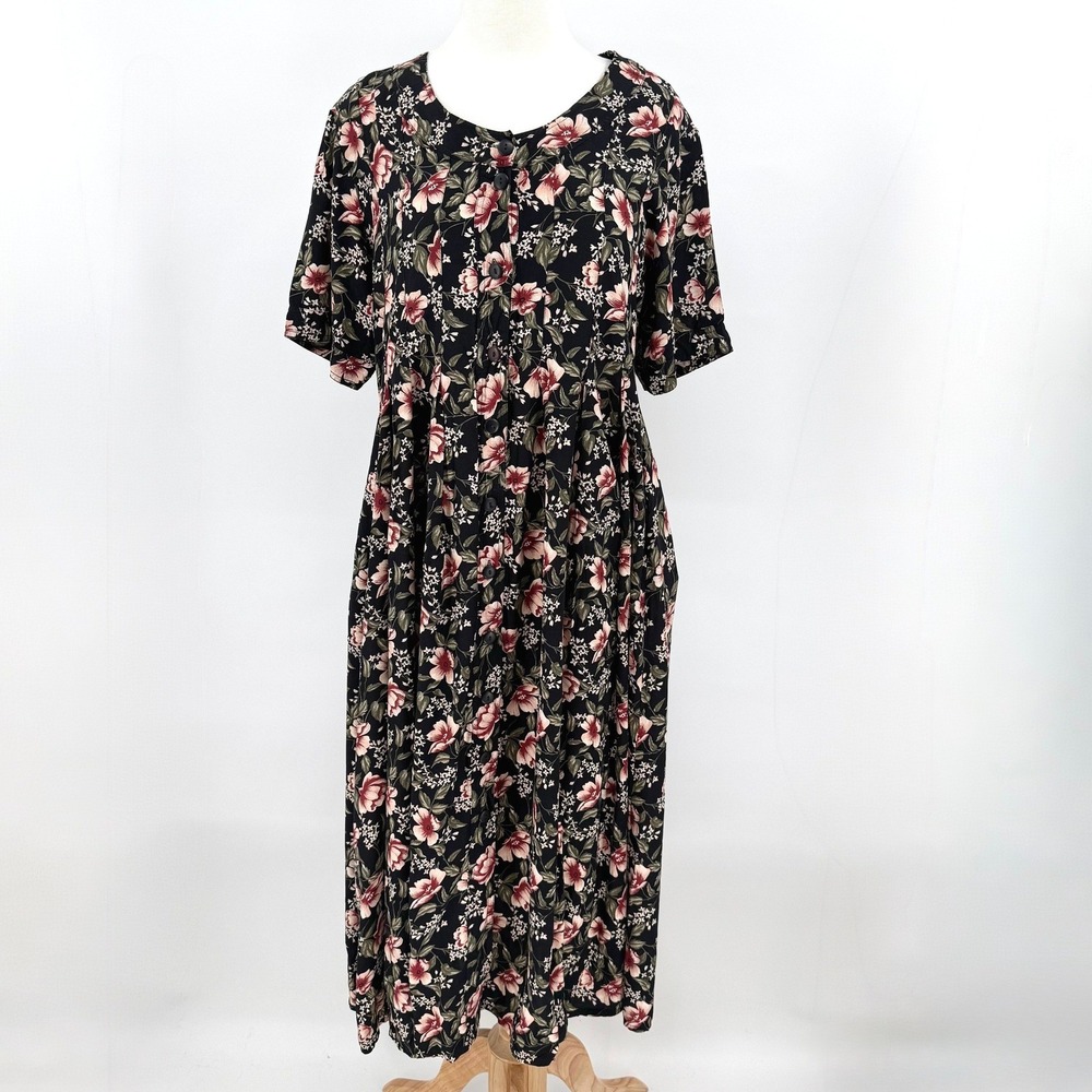 Katy D. Kathryn Deene Vintage Floral Rayon Midi Dress Black Pink Size 14